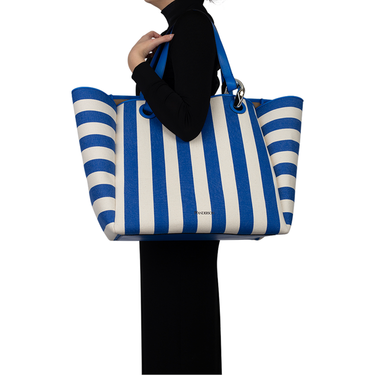 Large Striped Corner Tote Bag | On-Model view of Large Striped Corner Tote Bag J.W. ANDERSON