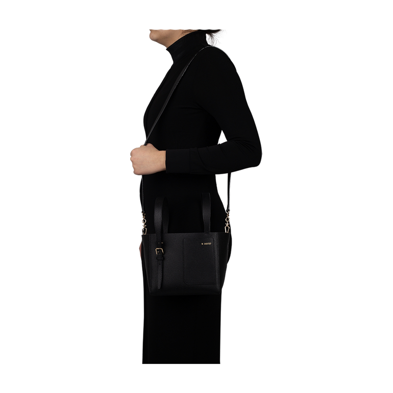 Mini Black Bucket Bag | On-Model view of Mini Black Bucket Bag VALEXTRA
