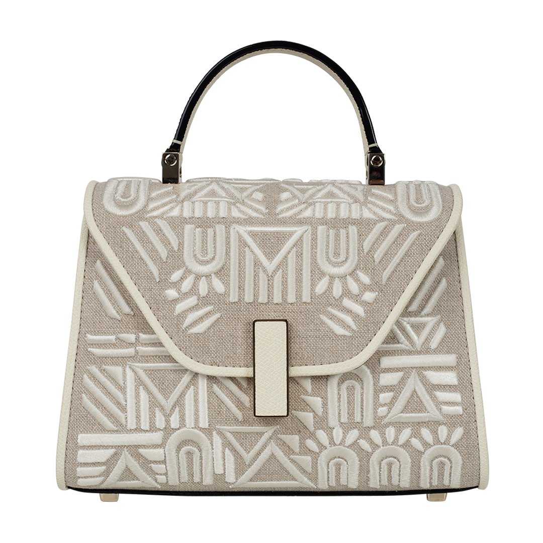 Mini Iside Embroidered Canvas Bag | Front view of Mini Iside Embroidered Canvas Bag VALEXTRA