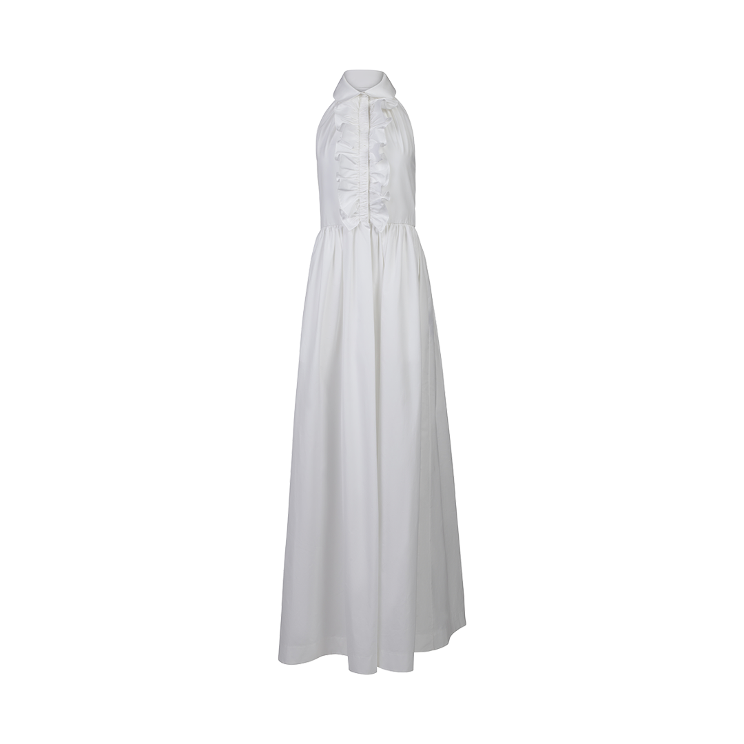 Sleeveless Ruffled White Gown | Front view of Sleeveless Ruffled White Gown DICE KAYEK