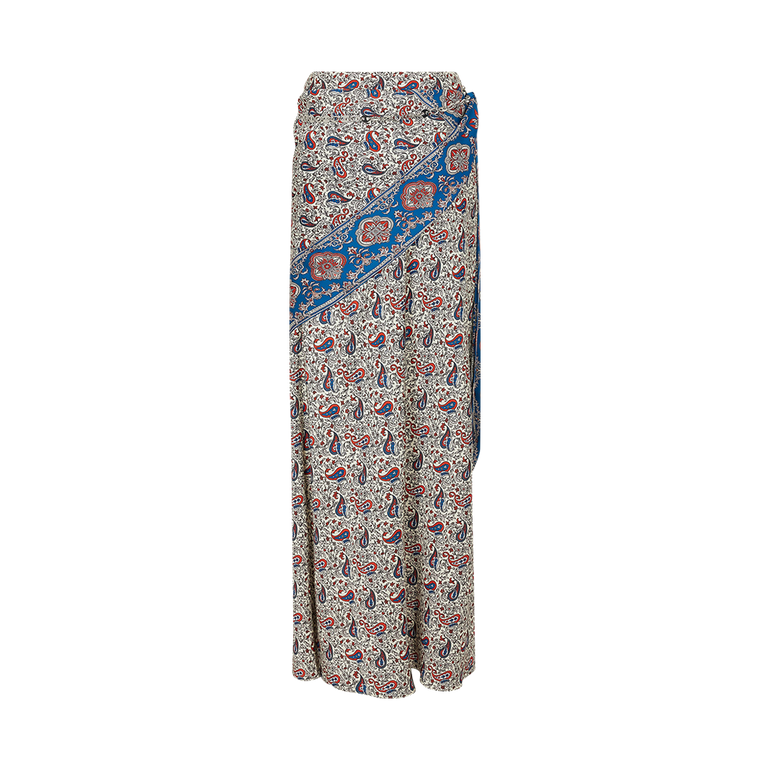 Long patterned skirt with a blue border on a white background