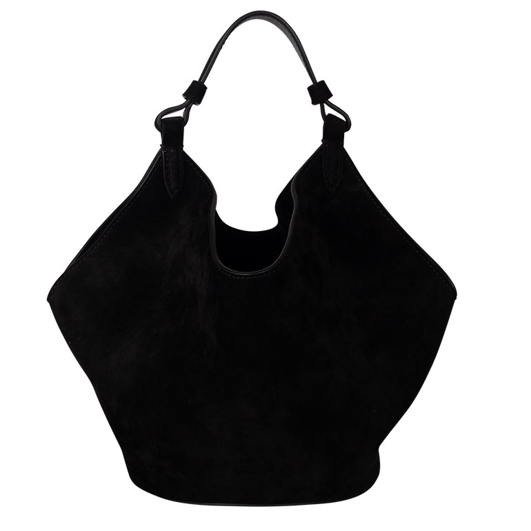 Lotus Mini Shoulder Bag | Front View of KHAITE Lotus Mini Shoulder Bag in Black Suede