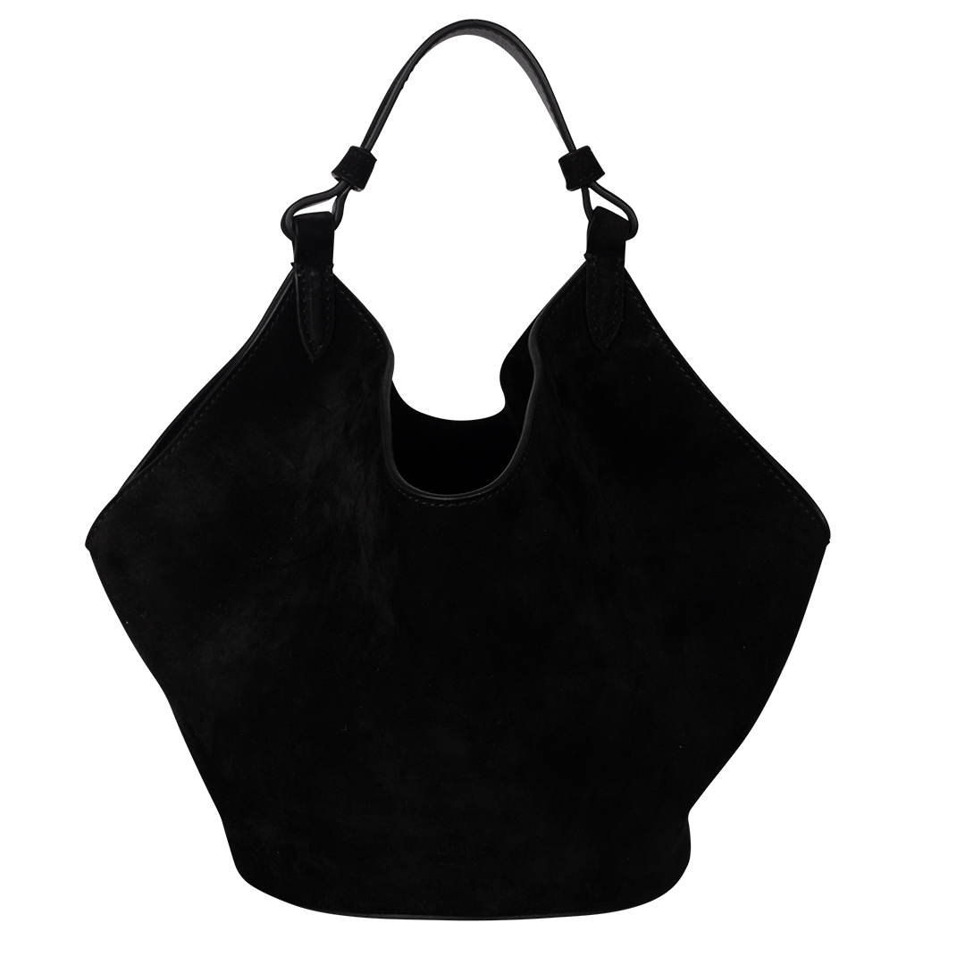 Lotus Mini Shoulder Bag | Front View of KHAITE Lotus Mini Shoulder Bag in Black Suede