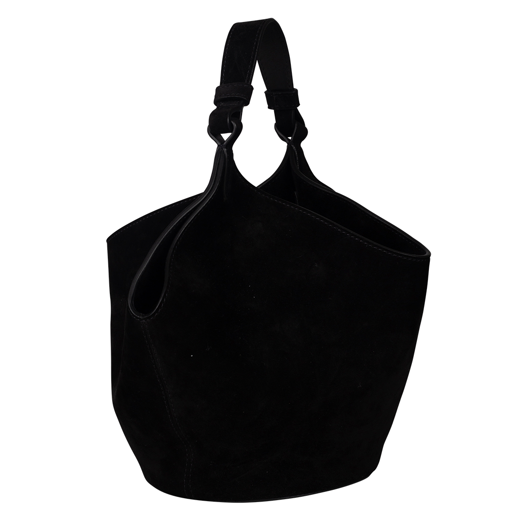 Lotus Mini Shoulder Bag | Side View of KHAITE  Lotus Mini Shoulder Bag in Black Suede