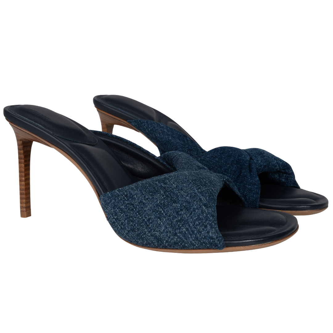 Les Mules Bagnu Sandals | View Both of JACQUEMUS Les Mules Bagnu Sandals in Blue Denim