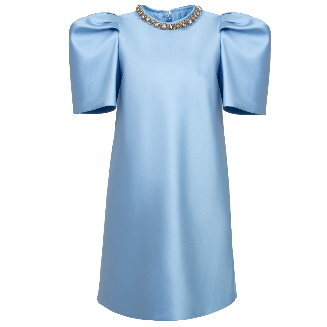 Embellished Puff Sleeve Mini Dress | Front view of DICE KAYEK Embellished Puff Sleeve Mini Dress in Light Blue