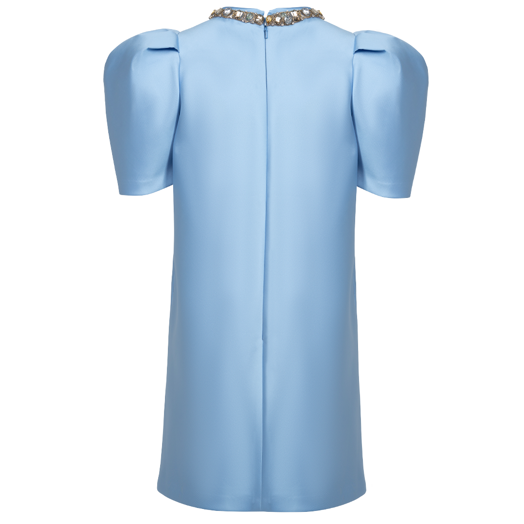 Embellished Puff Sleeve Mini Dress | Back view of DICE KAYEK Embellished Puff Sleeve Mini Dress in Light Blue