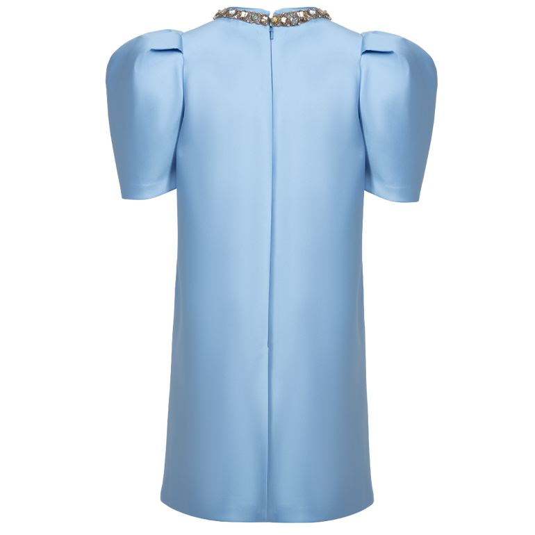 Embellished Puff Sleeve Mini Dress | Back view of DICE KAYEK Embellished Puff Sleeve Mini Dress in Light Blue