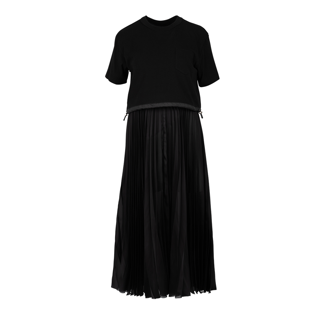 Cotton Jersey x Satin Dress | Front view of SACAI Cotton Jersey x Satin Dress in Black