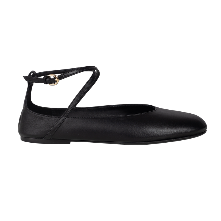 Black Ankle-Strap Ballerina Flats | Front view of CO Black Ankle-Strap Ballerina Flats In Black