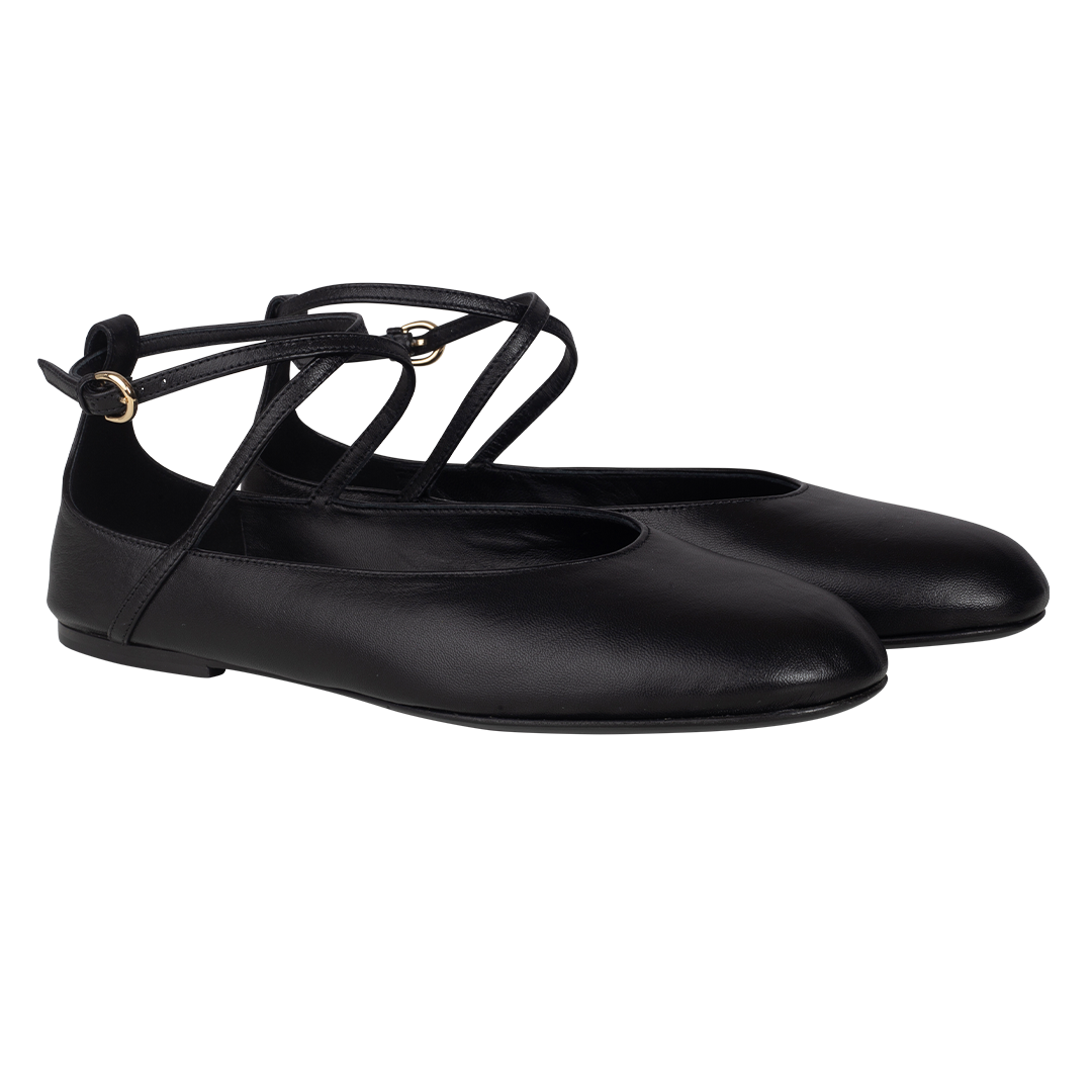 Black Ankle-Strap Ballerina Flats | Side view of CO Black Ankle-Strap Ballerina Flats In Black