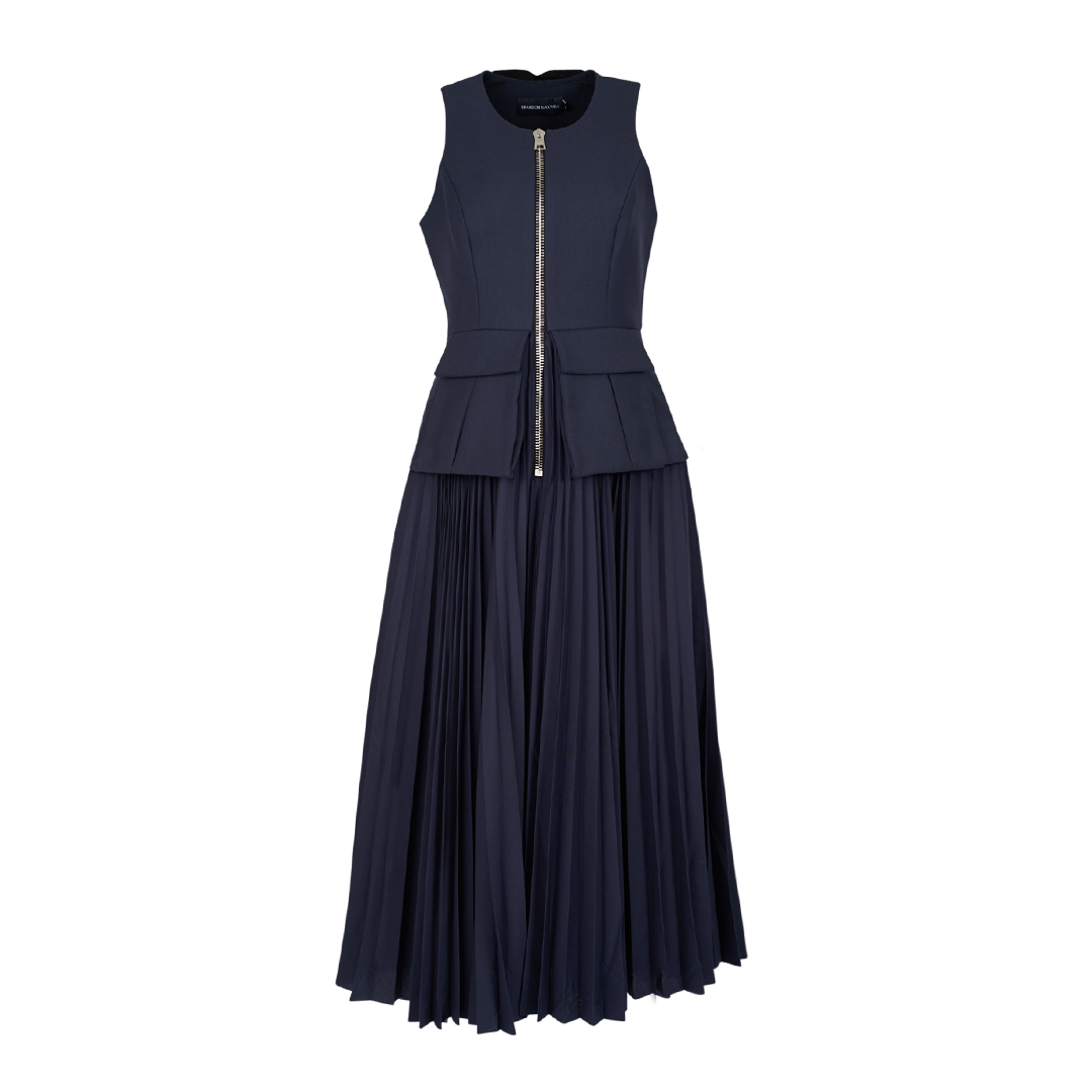 The Karmen Pleated Dress | Front view of BRANDON MAXWELL The Karmen Pleated Dress in Navy