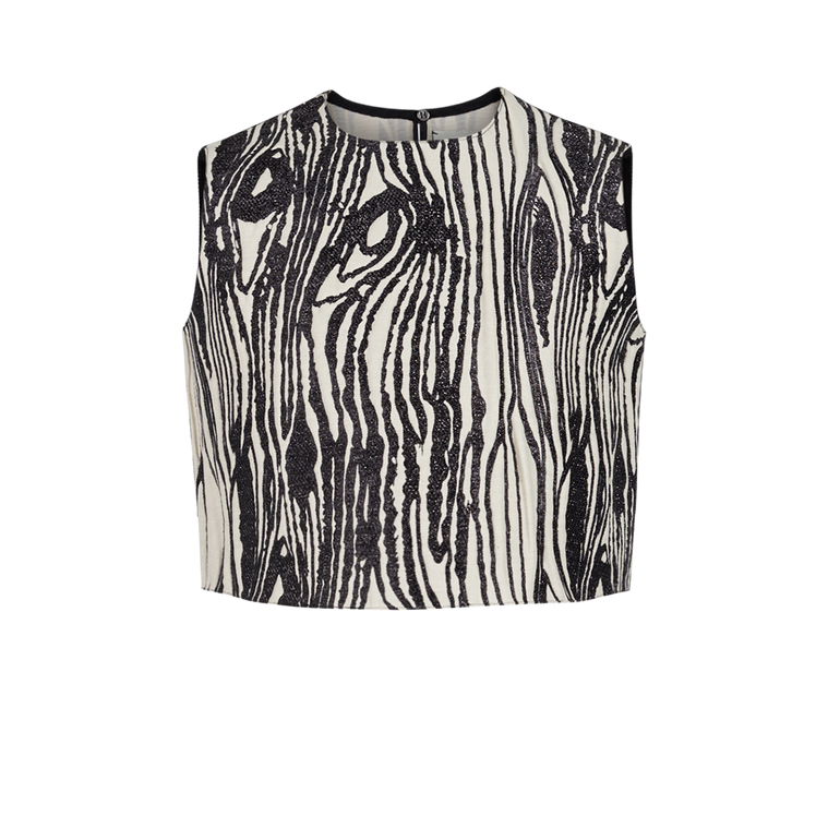 Sleeveless Moire Top | Front view of MAISON RABIH KAYROUZ Sleeveless Moire Top in Ivory/Black Zebra