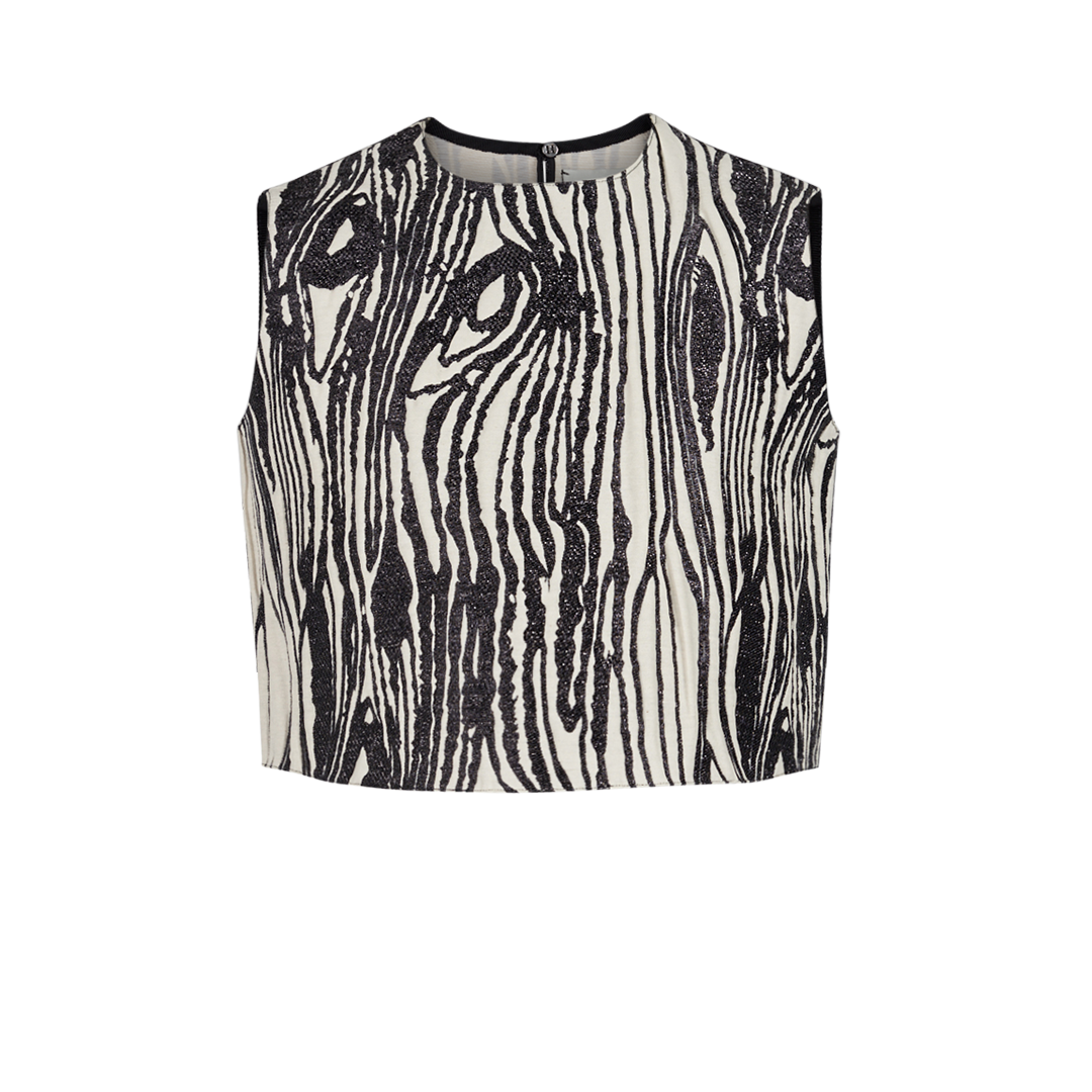 Sleeveless Moire Top | Front view of MAISON RABIH KAYROUZ Sleeveless Moire Top in Ivory/Black Zebra