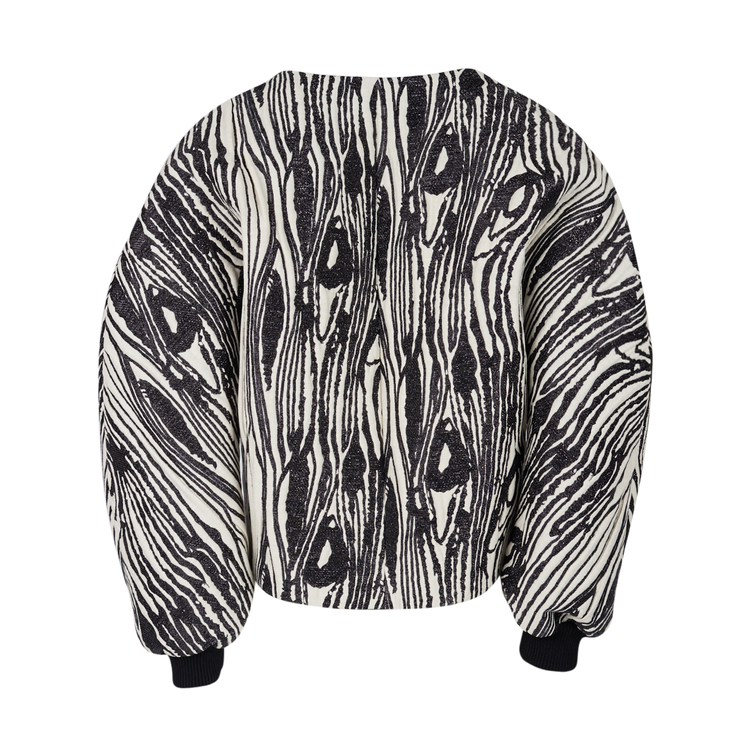Long-Sleeve Moire Top | Back view of MAISON RABIH KAYROUZ Long-Sleeve Moire Top in Ivory/Black Zebra