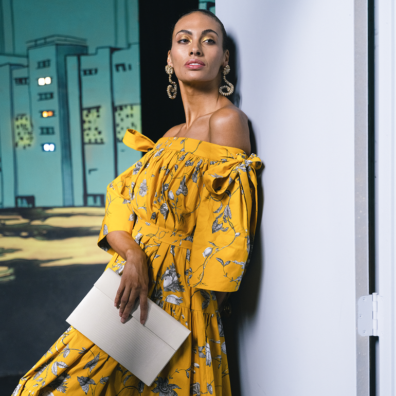 On model image of ERDEM Off-the-Shoulder Maxi Dress in Yellow