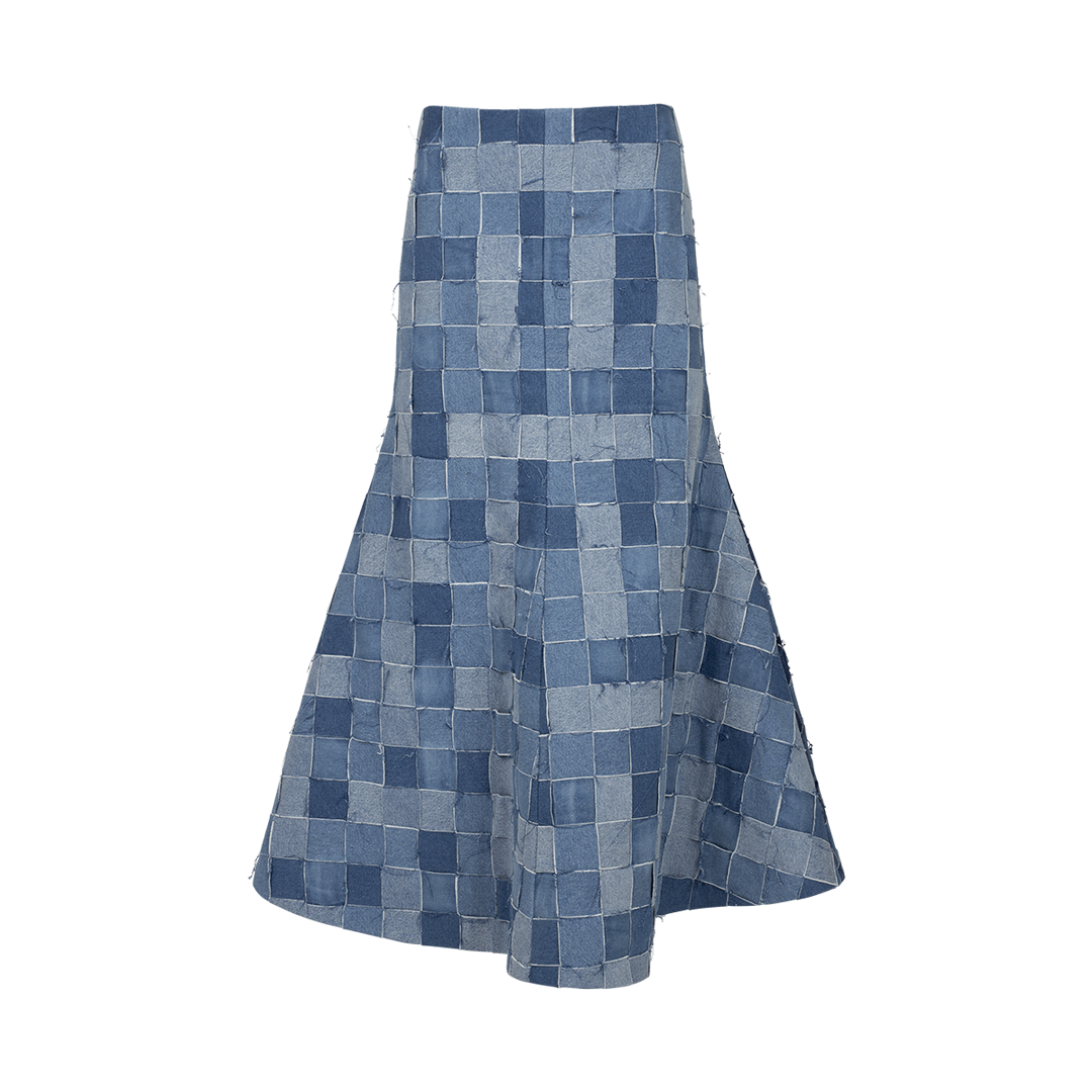 Upcycled Woven Denim Maxi Skirt | Front view of Upcycled Woven Denim Maxi Skirt AWAKE MODE