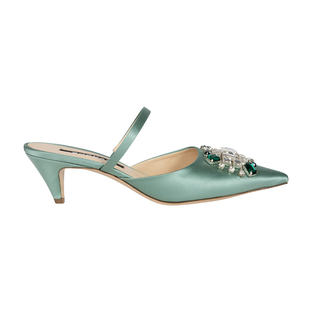 Low Heel Satin Embroidered Mule | Front view of Low Heel Satin Embroidered Mule ROCHAS