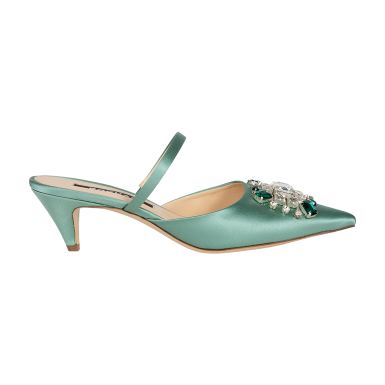 Low Heel Satin Embroidered Mule | Front view of Low Heel Satin Embroidered Mule ROCHAS