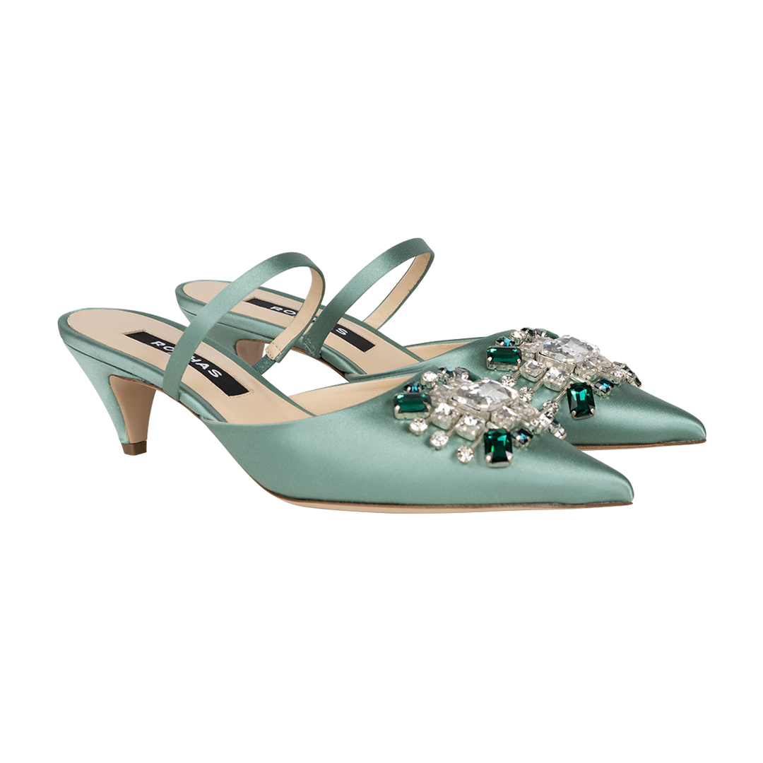 Low Heel Satin Embroidered Mule | Side view of both Low Heel Satin Embroidered Mule ROCHAS
