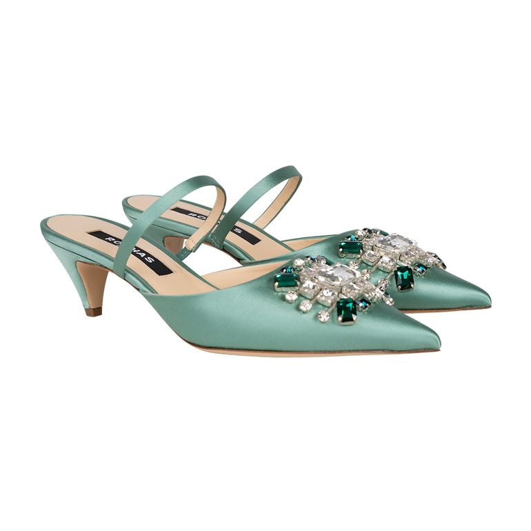 Low Heel Satin Embroidered Mule | Side view of both Low Heel Satin Embroidered Mule ROCHAS