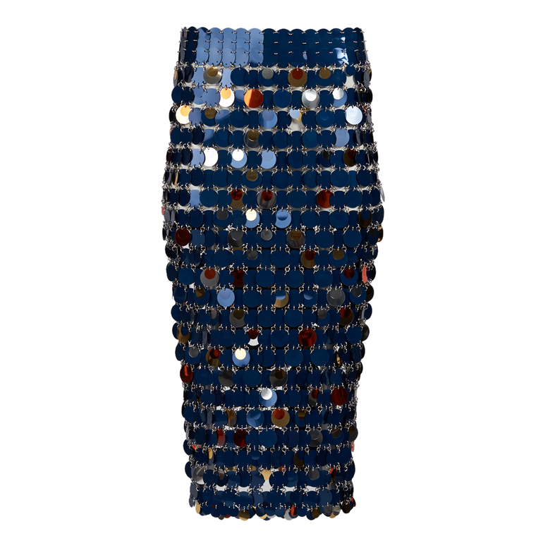 Paillette-Chainmail Pencil Skirt | Front view of Paillette-Chainmail Pencil Skirt in Blue/Orange