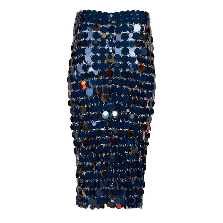 Paillette-Chainmail Pencil Skirt | Back view of Paillette-Chainmail Pencil Skirt in Blue/Orange
