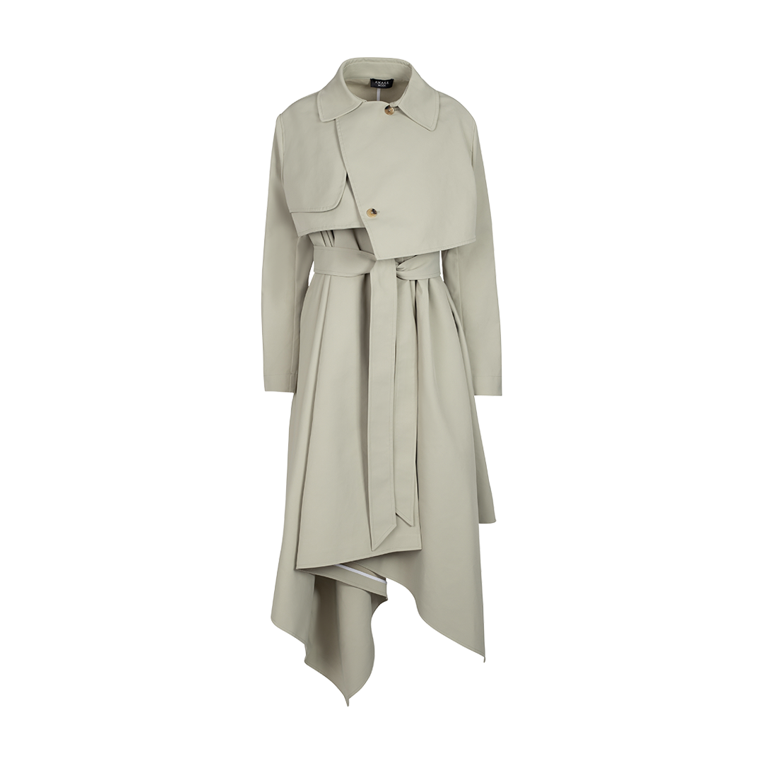 Asymmetric Trench Coat | Front view of Asymmetric Trench Coat in Khaki A.W.A.K.E MODE