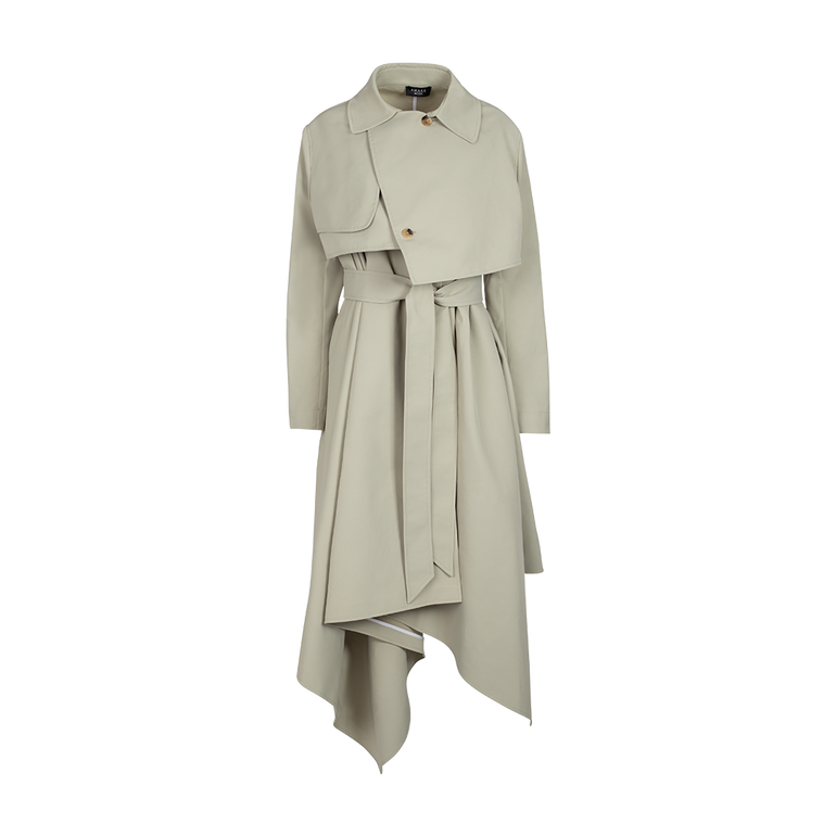 Asymmetric Trench Coat | Front view of Asymmetric Trench Coat in Khaki A.W.A.K.E MODE