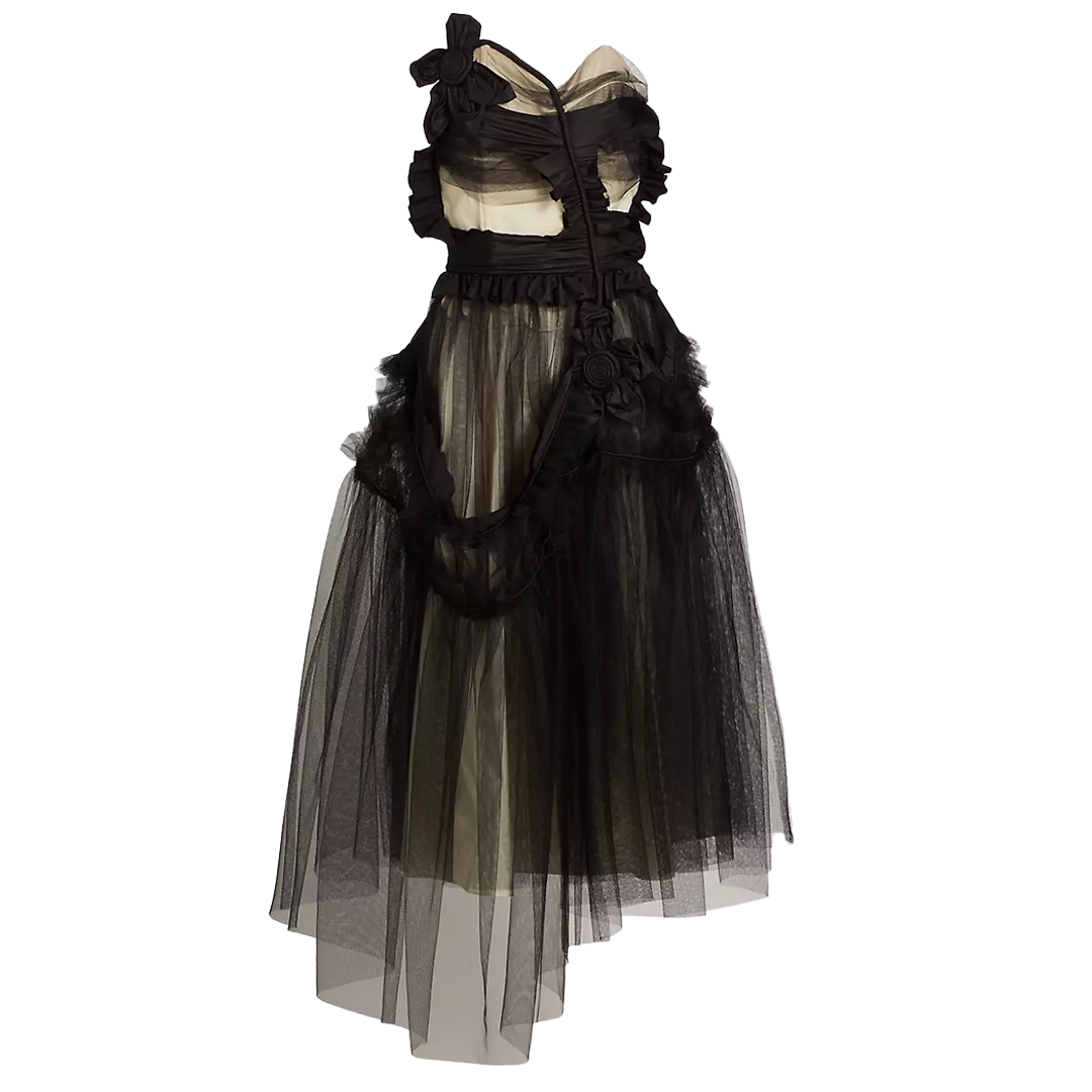 Flower-Appliqué Ruffle Tulle Midi Dress | Front view of MAISON MARGIELA Flower-Appliqué Ruffle Tulle Midi Dress in Black