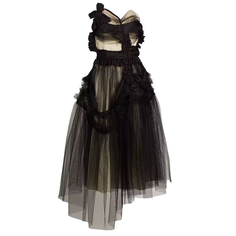 Flower-Appliqué Ruffle Tulle Midi Dress | Front view of MAISON MARGIELA Flower-Appliqué Ruffle Tulle Midi Dress in Black