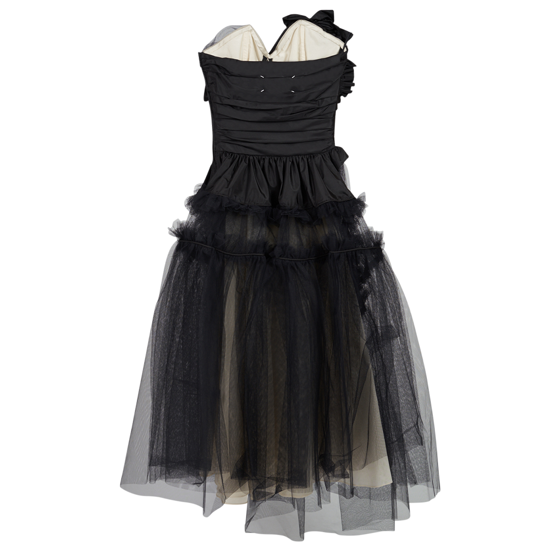 Flower-Appliqué Ruffle Tulle Midi Dress | Front view of MAISON MARGIELA Flower-Appliqué Ruffle Tulle Midi Dress in Black