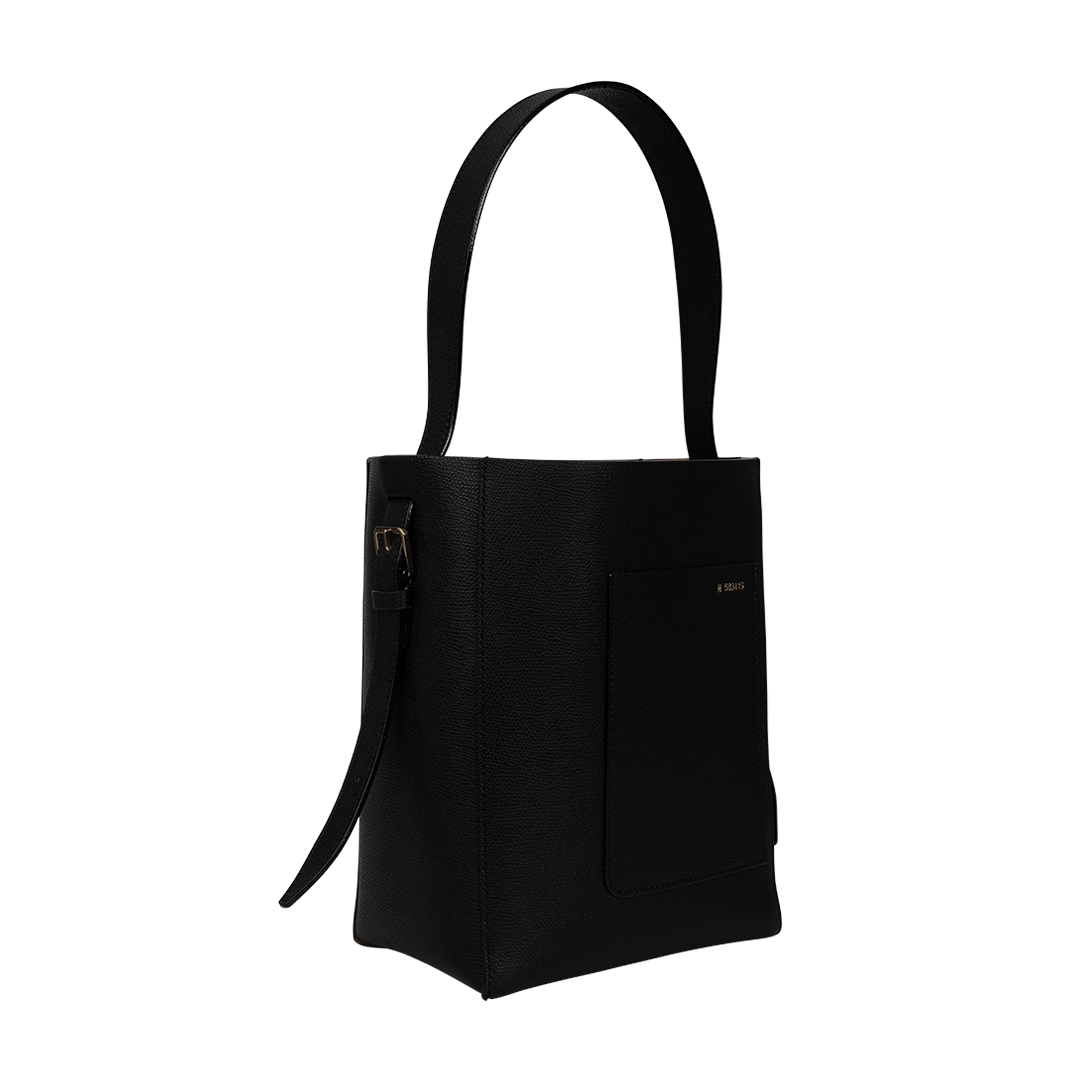 Small Black Bucket Bag | Side view of Small Black Bucket Bag VALEXTRA