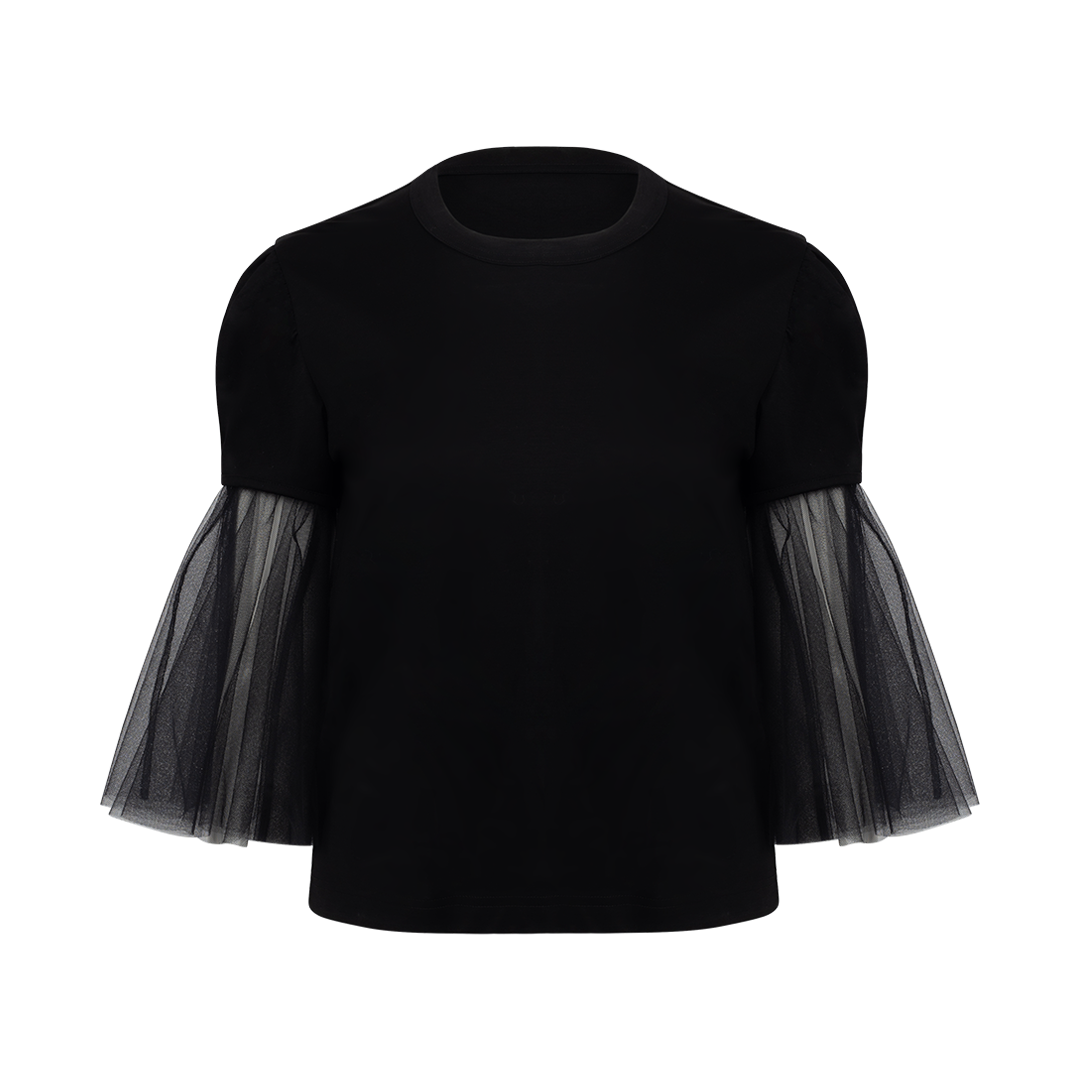 T-Shirt With Tulle Sleeves | Front view of T-Shirt With Tulle Sleeves NOIR