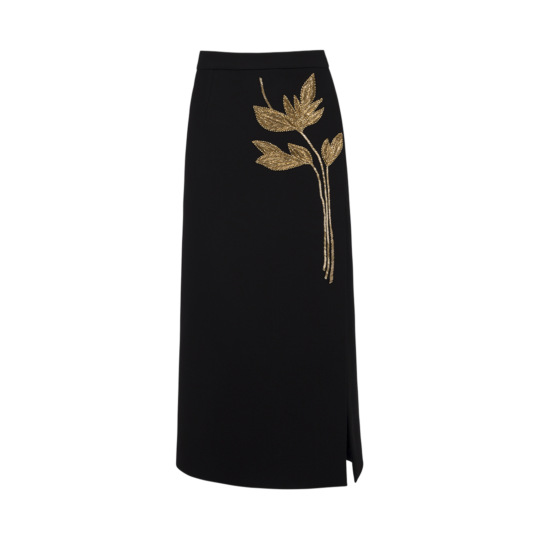 Gold Foliage Embroidered Midi Skirt