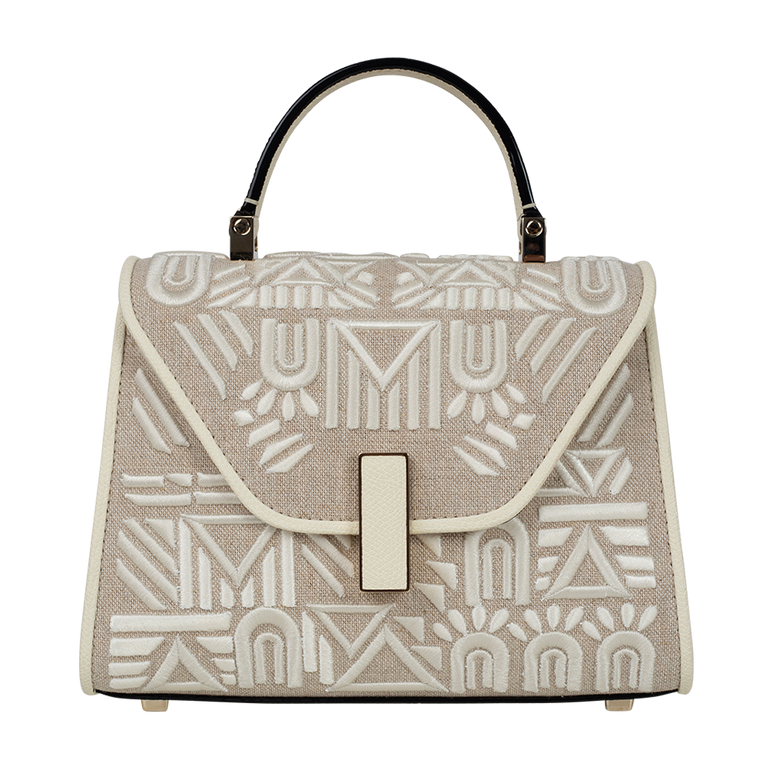 Mini Iside Embroidered Canvas Bag | Front view of Mini Iside Embroidered Canvas Bag VALEXTRA