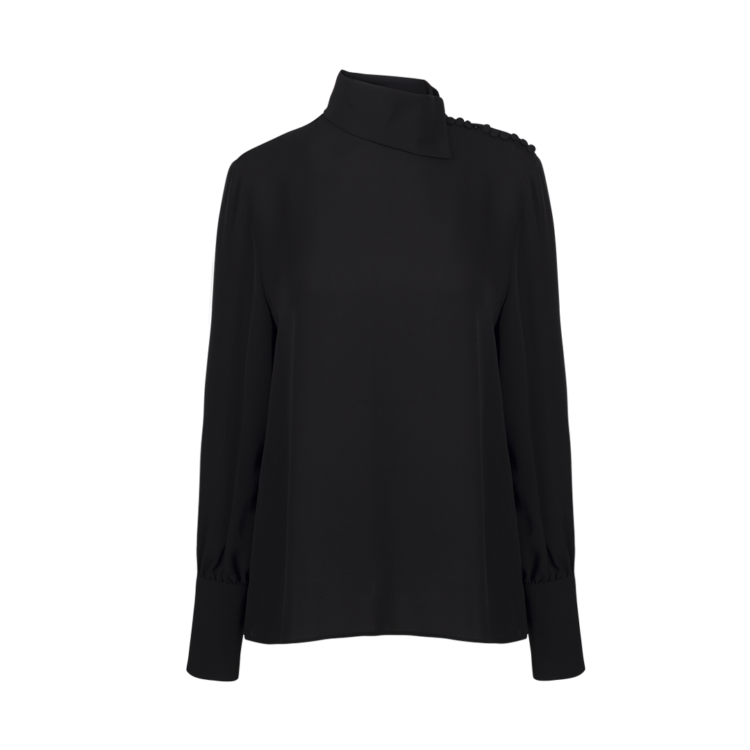 Long Sleeve Mock Neck Black Silk Shirt