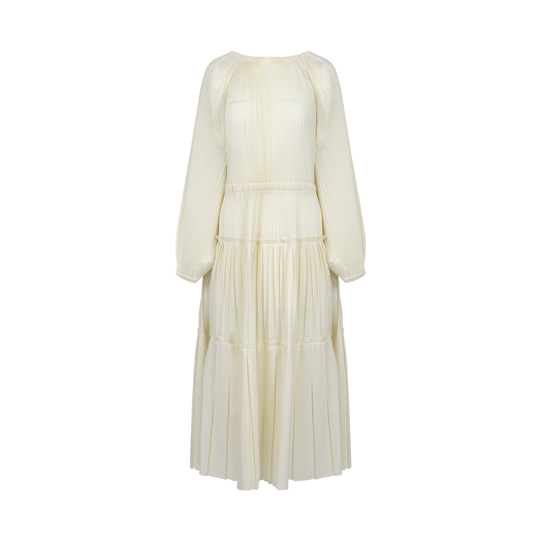 Pleated Midi Yelllow Dress | Front view of Pleated Midi Yelllow Dress PLAN C