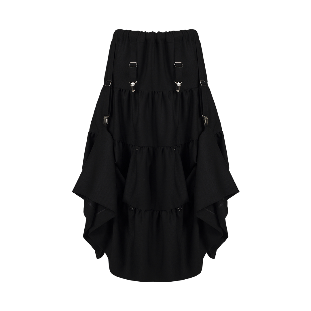 Tiered Ruffle Midi Skirt | Front view of Tiered Ruffle Midi Skirt NOIR