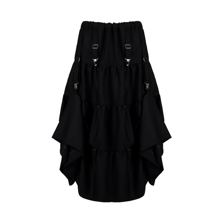 Tiered Ruffle Midi Skirt | Front view of Tiered Ruffle Midi Skirt NOIR