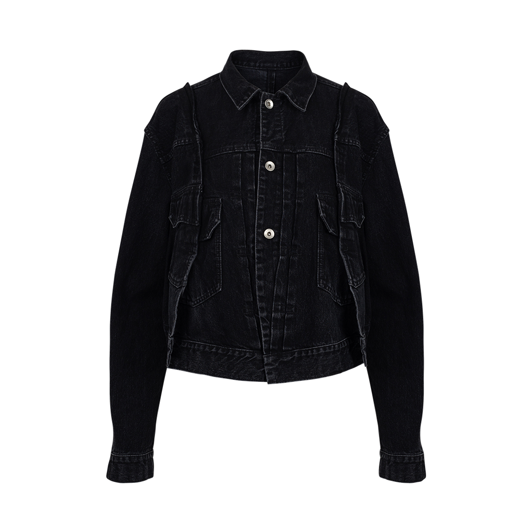 Paneled Frayed Denim Jacket | Front view of Paneled Frayed Denim Jacket SACAI