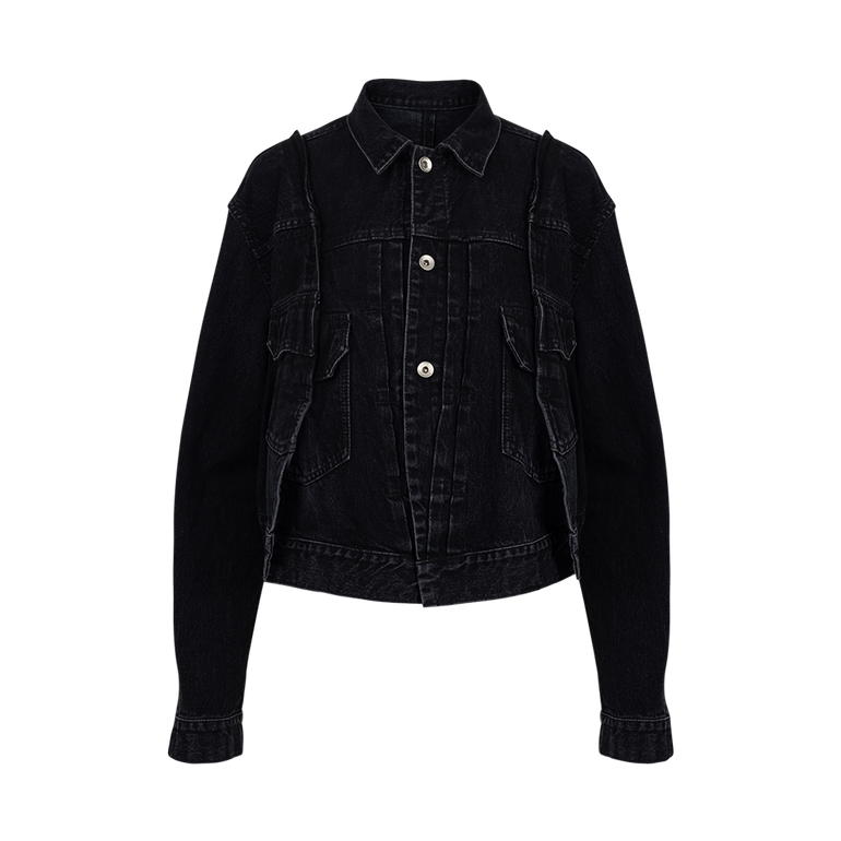 Paneled Frayed Denim Jacket | Front view of Paneled Frayed Denim Jacket SACAI