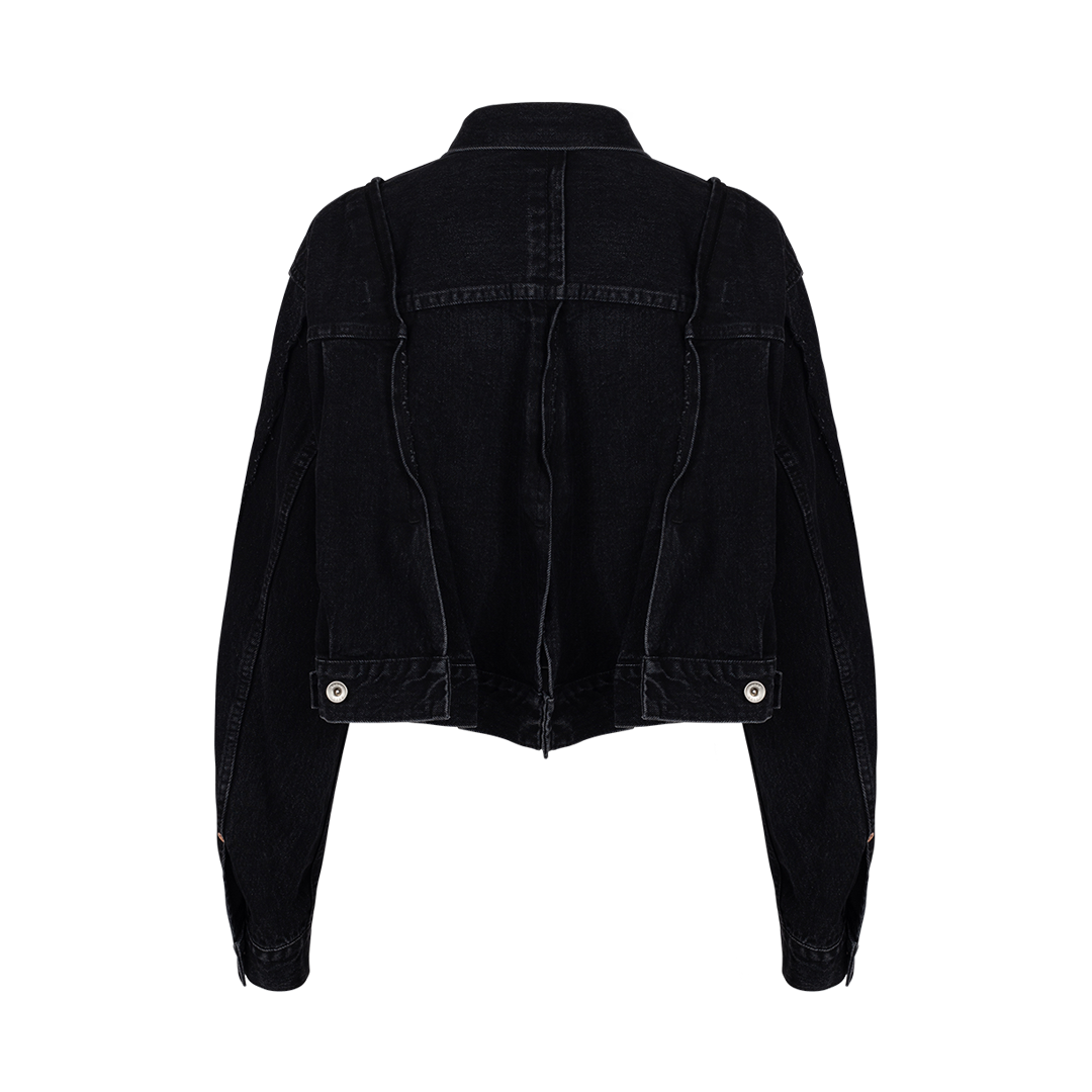 Paneled Frayed Denim Jacket | Back view of Paneled Frayed Denim Jacket SACAI