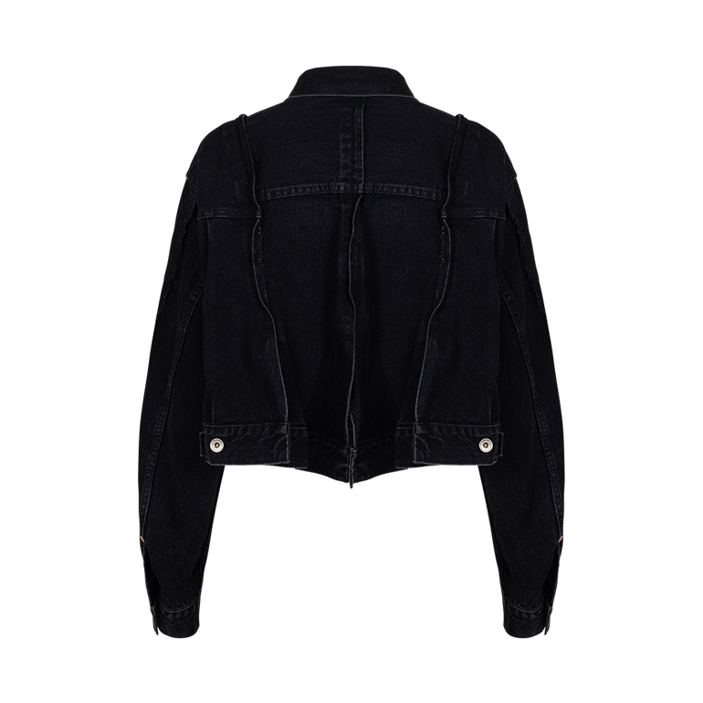 Paneled Frayed Denim Jacket | Back view of Paneled Frayed Denim Jacket SACAI