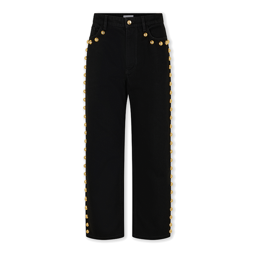 Embellished Black Boyfriend Jeans | Front view of Embellished Black Boyfriend Jeans RABANNE