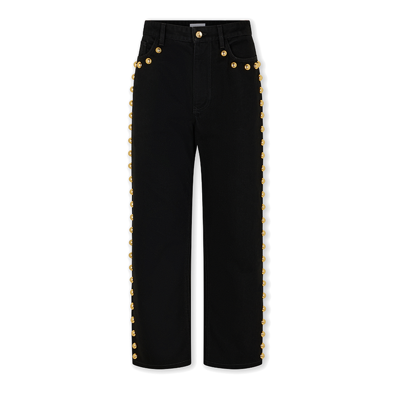 Embellished Black Boyfriend Jeans | Front view of Embellished Black Boyfriend Jeans RABANNE