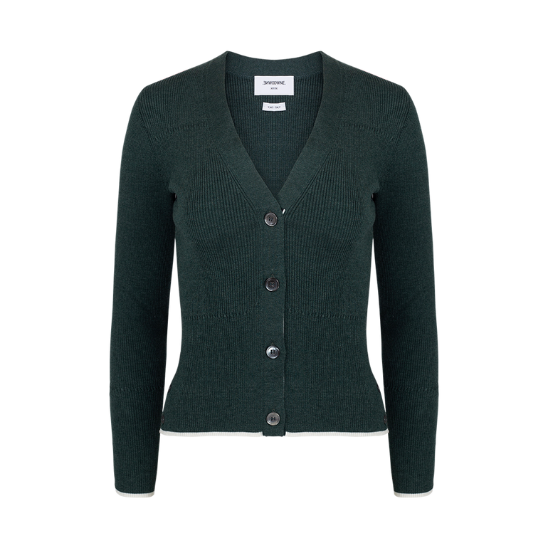 V-Neck Ribbed-Knit Cardigan | Front view of V-Neck Ribbed-Knit Cardigan THOM BROWNE