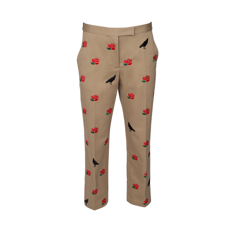 Embroidered Rose & Raven Trousers | Front view of Embroidered Rose & Raven Trousers THOM BROWNE