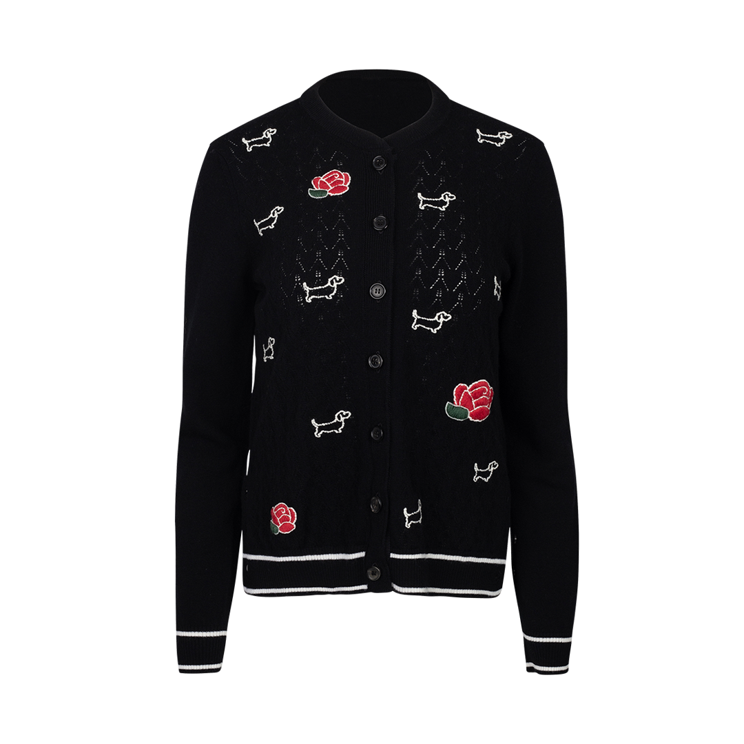 Embroidered Hector & Rose Cardigan | Front view of Embroidered Hector & Rose Cardigan THOM BROWNE