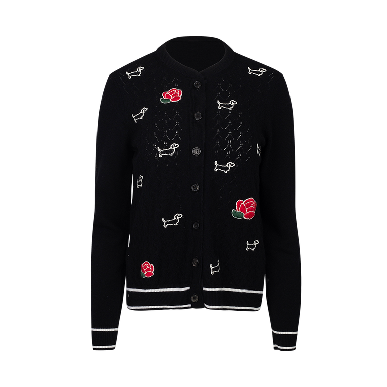 Embroidered Hector & Rose Cardigan | Front view of Embroidered Hector & Rose Cardigan THOM BROWNE